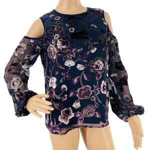 JIERU Blue Pink Textured Floral Cold Shoulder Sheer Long Sleeve XS